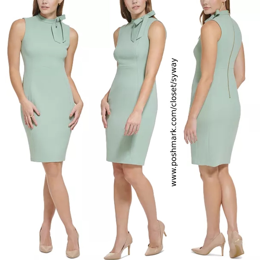 Calvin Klein Sleeveless Bow-Neck Scuba Sheath Dress Mint Sage Green